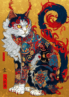 Ornate Japanese Cat Illustration