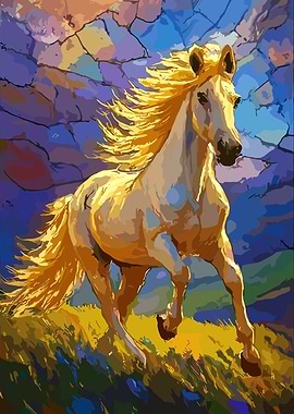 Golden Horse Galloping in Abstract Landscape