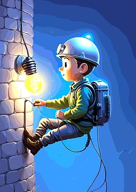Cartoon Boy Climbing with Lightbulb