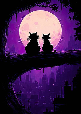 Cats on Branch Under Full Moon