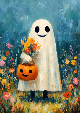 Halloween Ghost with Flowers and Pumpkin