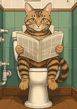 Cat Reading Newspaper on Toilet
