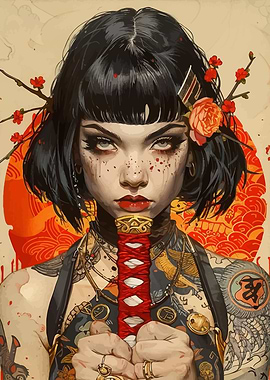 Tattooed Woman with Katana and Floral Accents