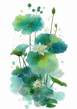Watercolor Lotus Flowers and Leaves