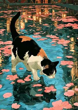 Cat Drinking from Water with Flowers