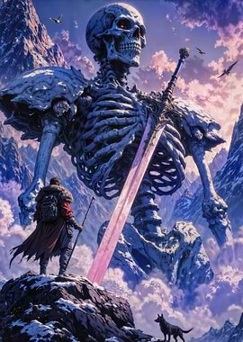 Colossal Skeleton Guardian: An Epic Fantasy Encounter in the Snowy Peaks