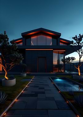 Modern House with Pool at Dusk