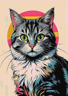 Colorful Cat Portrait with Retro Sun