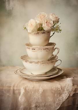 Stacked Teacups with Roses