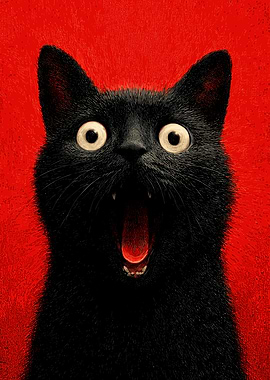 Surprised Black Cat Portrait on Red