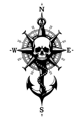 Skull Compass Anchor Black and White