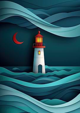 Lighthouse at Night Paper Cutout Style