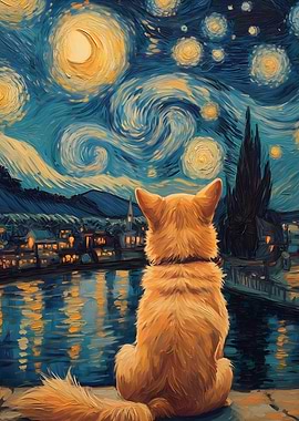 Dog Shiba Inu gazing at Starry Night Van Gogh