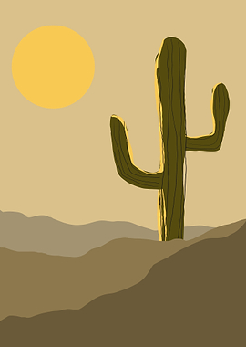 Desert Landscape with Cactus and Sun