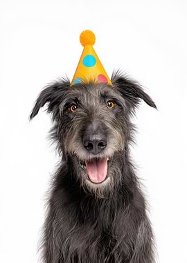 Happy Irish Wolfhound Dog with Birthday Hat