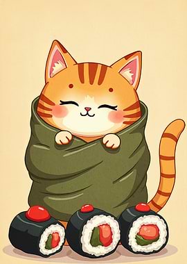 Cute Cat Sushi Roll Illustration