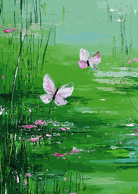 Butterflies in a Green Pond Painting