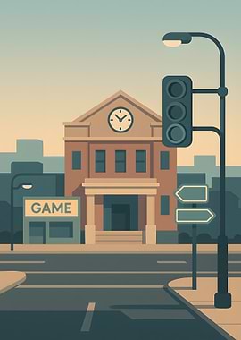 Cityscape with Game Store and Clock Tower