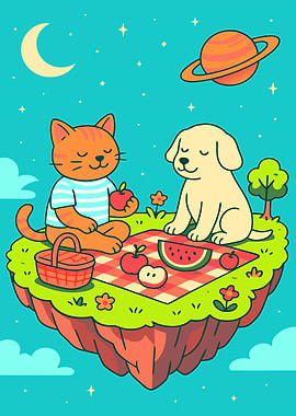 Cat and Dog Picnic in Space