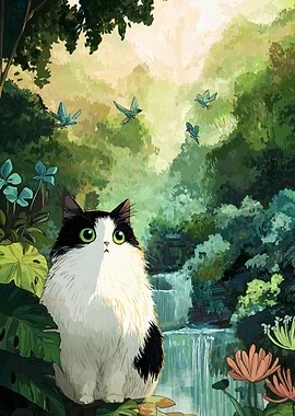Cat in a Lush Garden