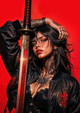Crimson Blade Guardian: Tattooed Warrior Woman with Katana on Red