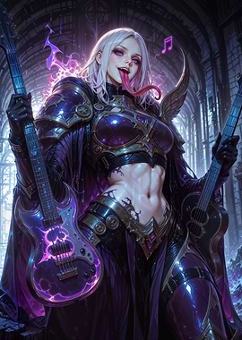 Gothic Siren of Shred: Epic Metal Witch with Dual Guitars in Ruined Cathedral