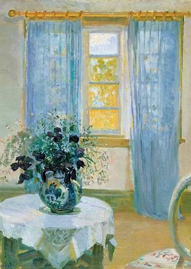 Interior with Flowers and Blue Curtains