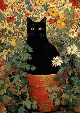 Black cat in flower pot painting