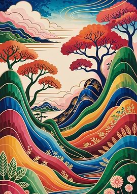 Abstract Zen and Colorful Japanese Landscape