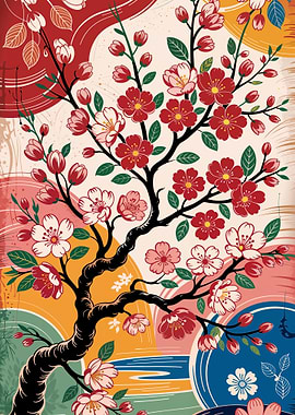 Vibrant Japanese cherry blossom illustration