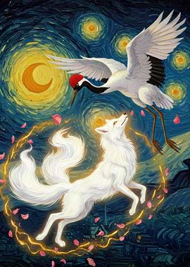 Crane, Fox, and Starry Night