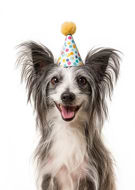 Happy Chinese Crested Dog with Party Hat
