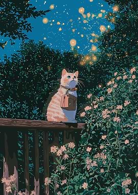Cat with bag looking at lanterns