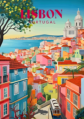 Lisbon Portugal Colorful Cityscape Travel Poster