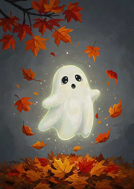 Cute Ghost in Autumn Leaves