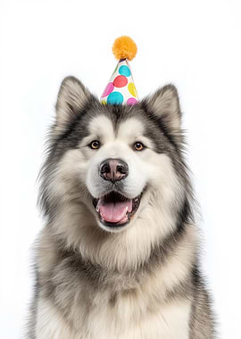 Happy Alaskan Malamute with Birthday Hat