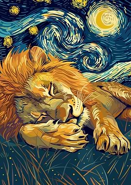 Lion Sleeping Under Starry Night Sky