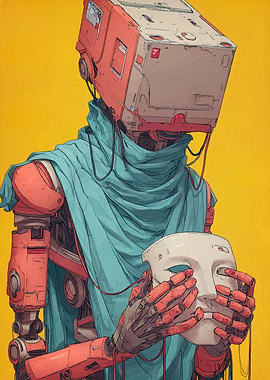 Robot with Mask on Yellow Background