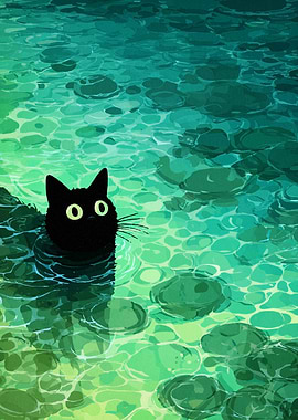 Black Cat Swimming in Green Water