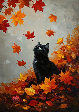 Black Cat in Autumn Leaves Painting