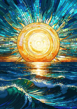 Mosaic Sun Over Ocean Waves