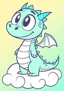 Cute Cartoon Minty Dragon on Cloud