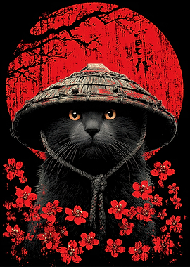 Samurai Cat with Red Flowers