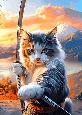 Cat Samurai with Swords and Mountain