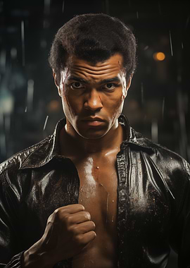 Determined Man in Rain with Scars