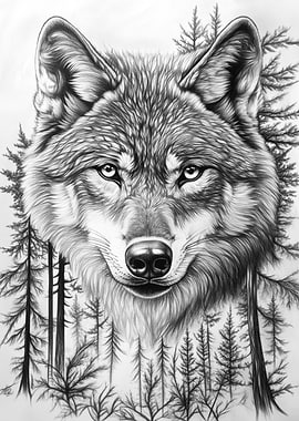 Wolf and Forest Pencil Drawing