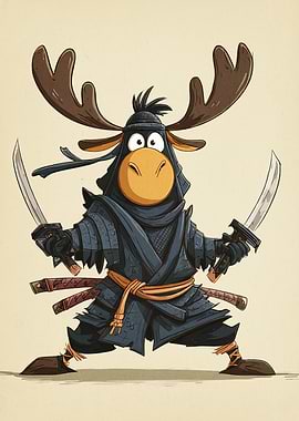 Cartoon Moose Ninja with Swords