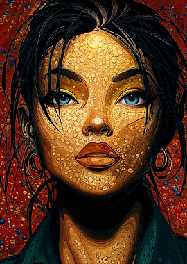 Golden Woman Portrait with Blue Eyes