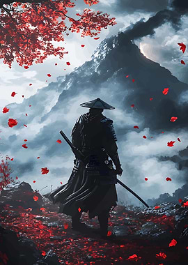 Samurai in Mountain Landscape with Red Leaves