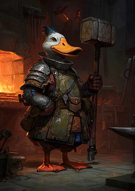 Duck Blacksmith with Hammer in Forge
